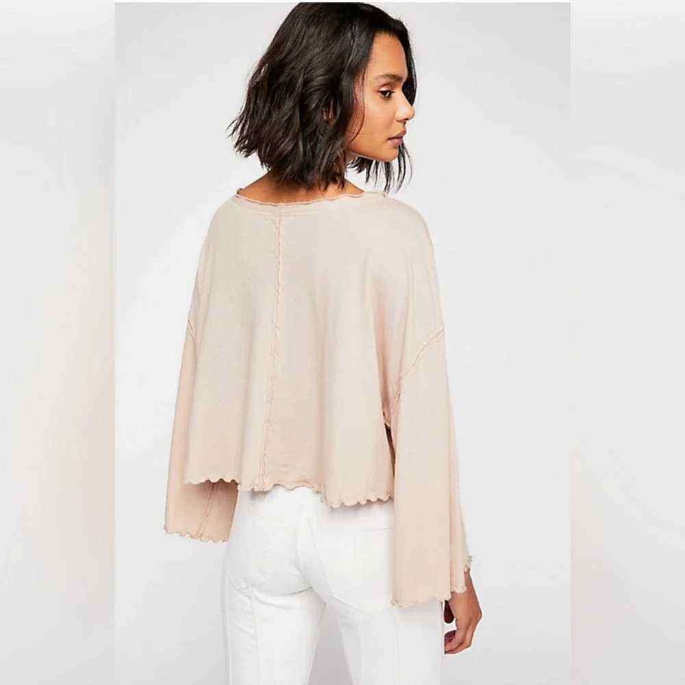 NWT We The Free Bird Gang Tan Sand Ruffle Hem Crop Top Bell Sleeve Womens Medium